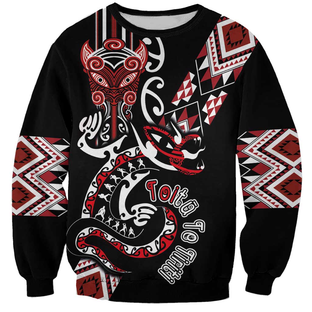 Aotearoa Toitu Te Tiriti-Honour the Treaty Sweatshirt Maori Taniwha Haka with Taniko and Tukutuku LT03 Unisex Black - Polynesian Pride