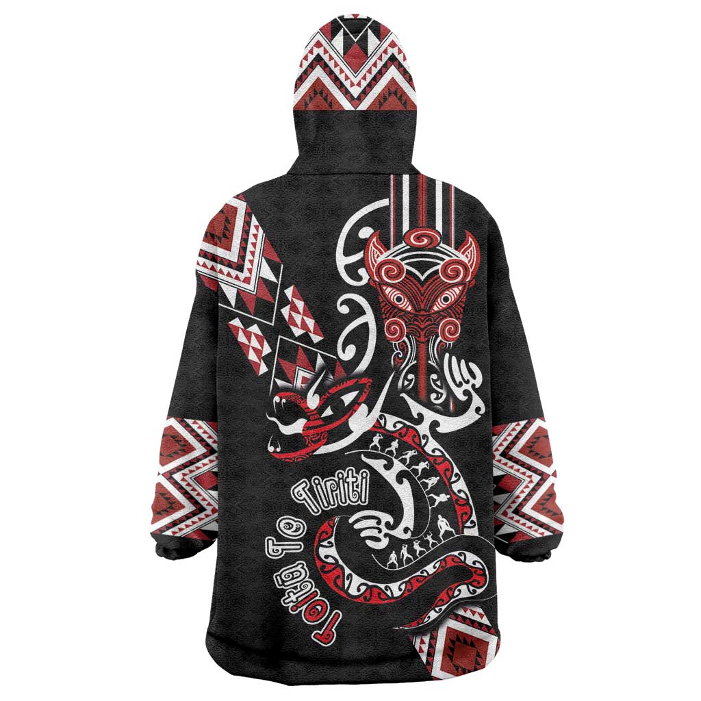 Aotearoa Toitu Te Tiriti-Honour the Treaty Wearable Blanket Hoodie Maori Taniwha Haka with Taniko and Tukutuku