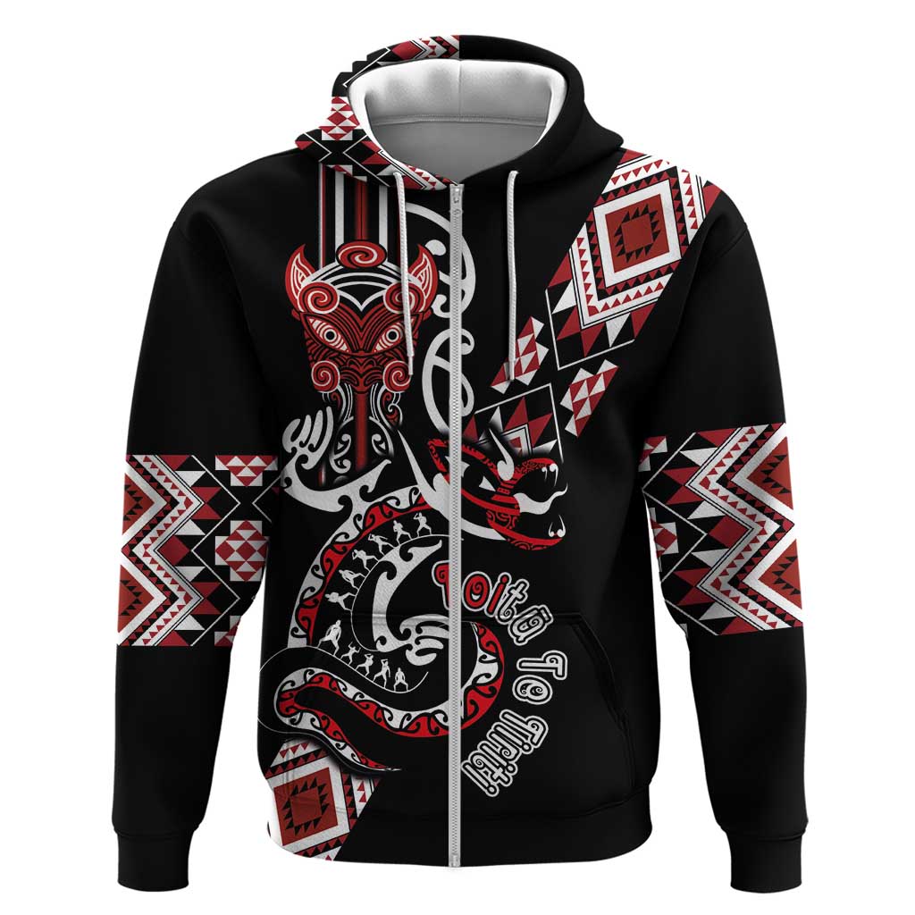 Aotearoa Toitu Te Tiriti-Honour the Treaty Zip Hoodie Maori Taniwha Haka with Taniko and Tukutuku LT03 Zip Hoodie Black - Polynesian Pride