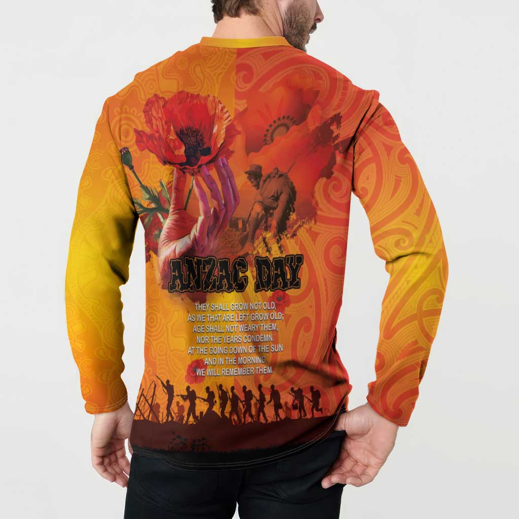 Australia and New Zealand ANZAC Day Button Sweatshirt Soldiers Memories - Red Poppies with Aboriginal and Maori Art LT03 - Polynesian Pride
