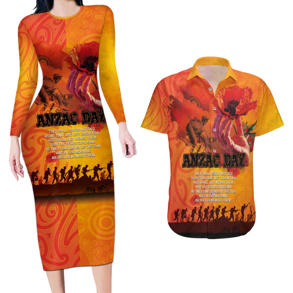 Australia and New Zealand ANZAC Day Couples Matching Long Sleeve Bodycon Dress and Hawaiian Shirt Soldiers Memories - Red Poppies with Aboriginal and Maori Art