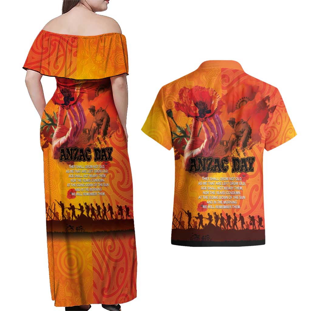 Australia and New Zealand ANZAC Day Couples Matching Off Shoulder Maxi Dress and Hawaiian Shirt Soldiers Memories - Red Poppies with Aboriginal and Maori Art