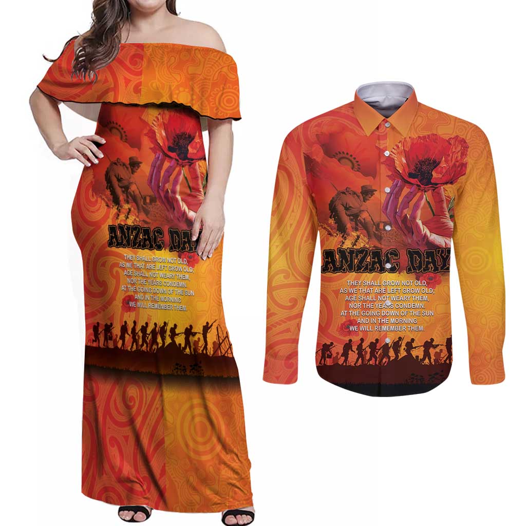 Australia and New Zealand ANZAC Day Couples Matching Off Shoulder Maxi Dress and Long Sleeve Button Shirt Soldiers Memories - Red Poppies with Aboriginal and Maori Art LT03 Orange-Yellow - Polynesian Pride