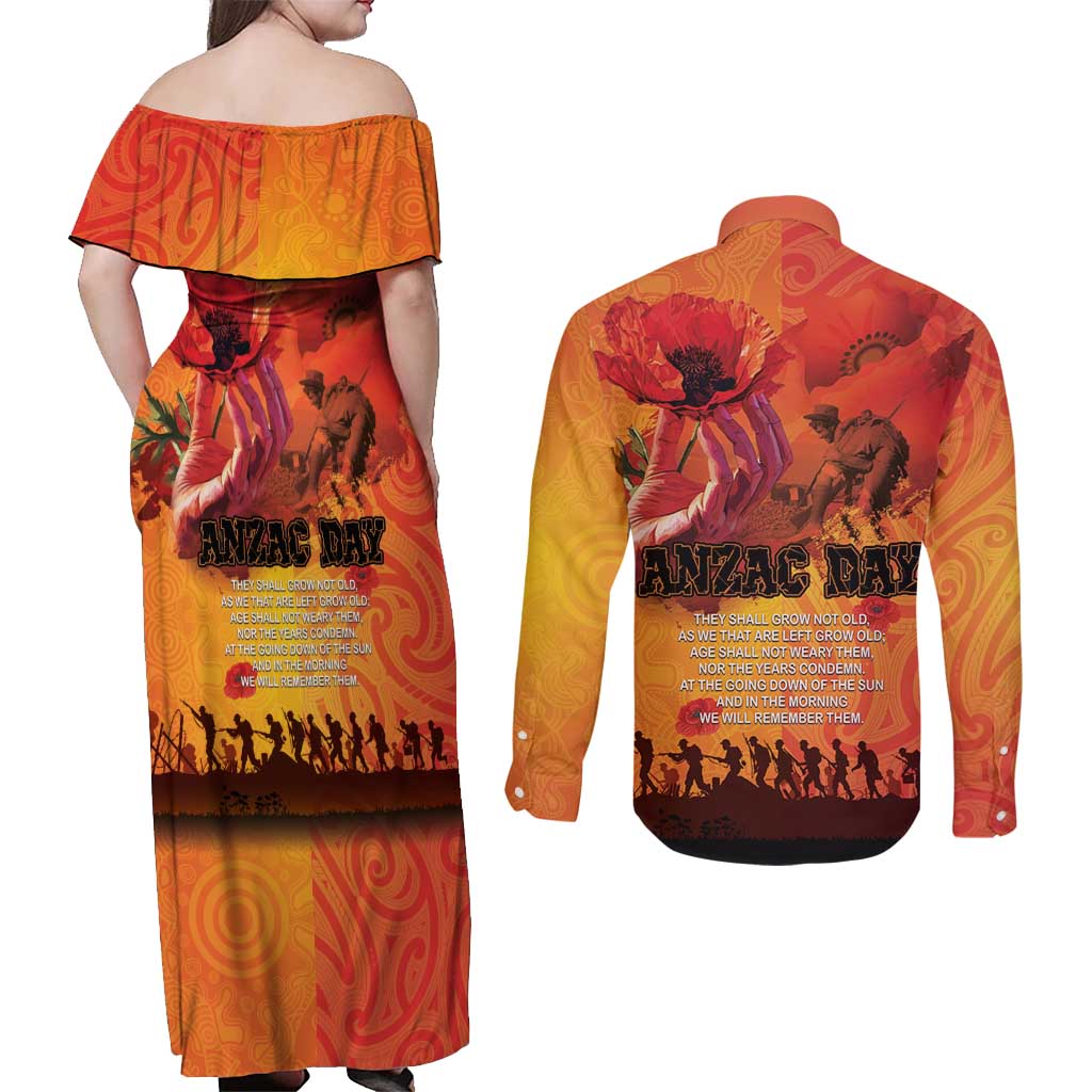 Australia and New Zealand ANZAC Day Couples Matching Off Shoulder Maxi Dress and Long Sleeve Button Shirt Soldiers Memories - Red Poppies with Aboriginal and Maori Art LT03 - Polynesian Pride