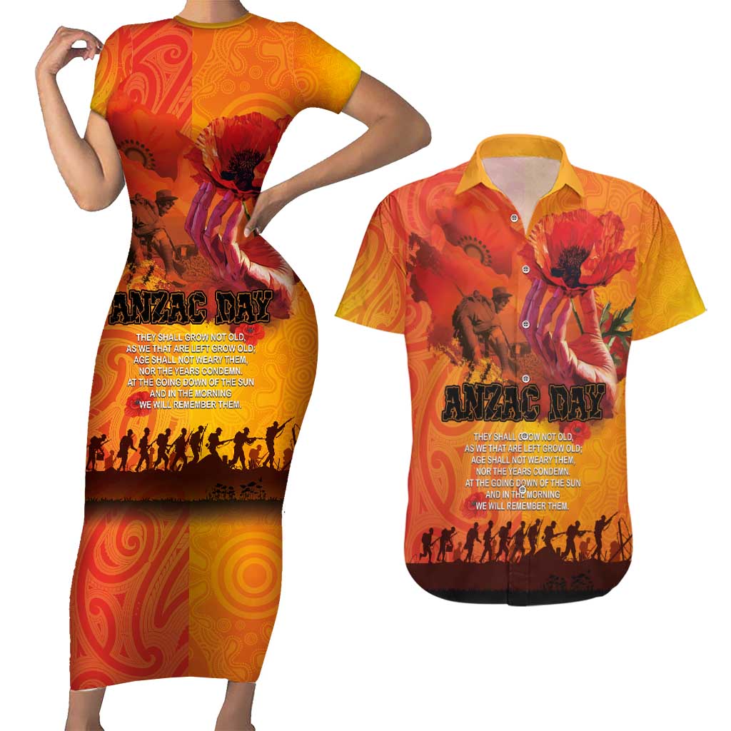 Australia and New Zealand ANZAC Day Couples Matching Short Sleeve Bodycon Dress and Hawaiian Shirt Soldiers Memories - Red Poppies with Aboriginal and Maori Art