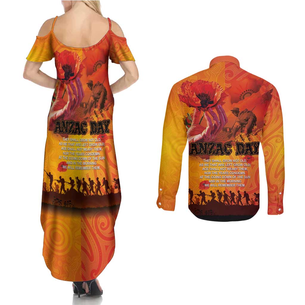 Australia and New Zealand ANZAC Day Couples Matching Summer Maxi Dress and Long Sleeve Button Shirt Soldiers Memories - Red Poppies with Aboriginal and Maori Art LT03 - Polynesian Pride