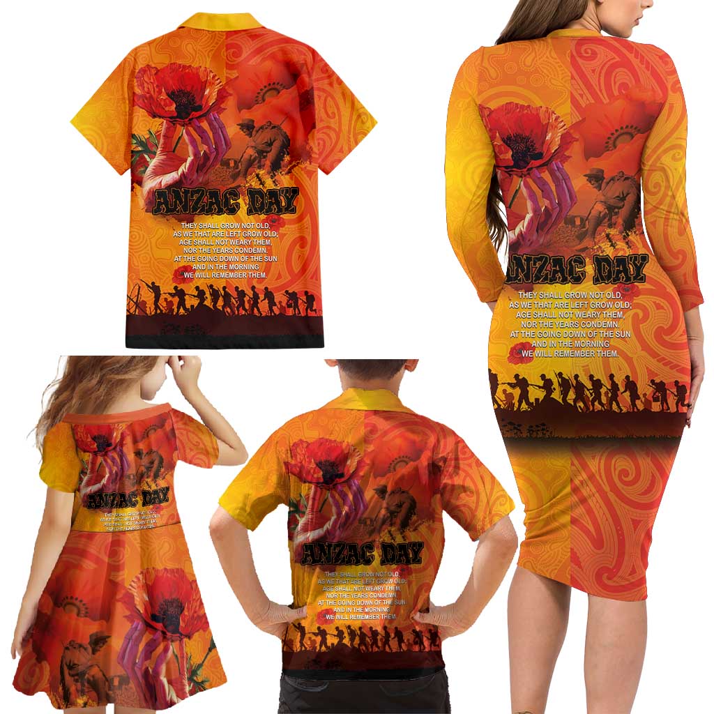 Australia and New Zealand ANZAC Day Family Matching Long Sleeve Bodycon Dress and Hawaiian Shirt Soldiers Memories - Red Poppies with Aboriginal and Maori Art