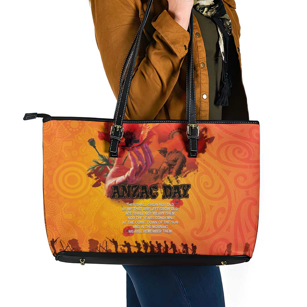 Australia and New Zealand ANZAC Day Leather Tote Bag Soldiers Memories - Red Poppies with Aboriginal and Maori Art