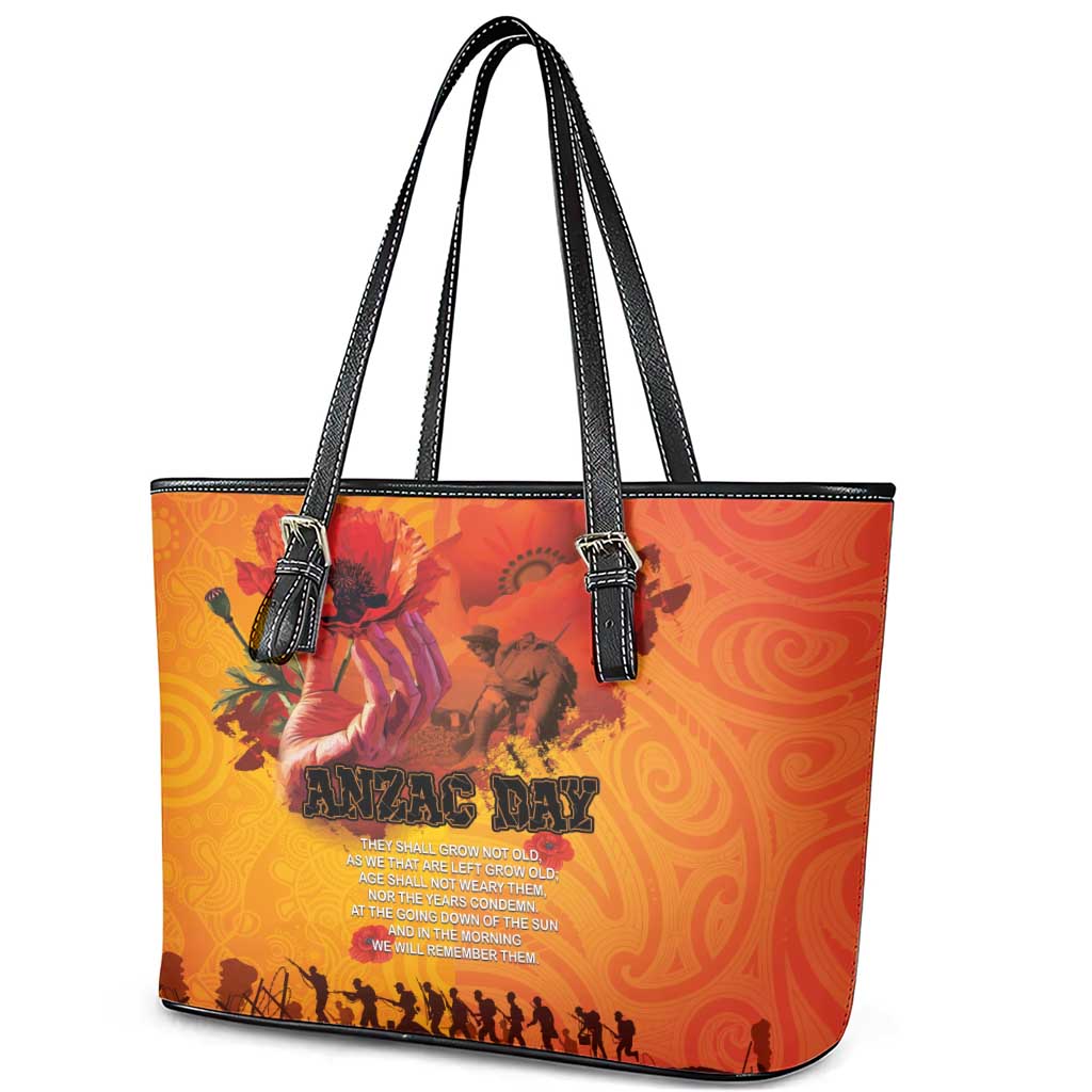 Australia and New Zealand ANZAC Day Leather Tote Bag Soldiers Memories - Red Poppies with Aboriginal and Maori Art