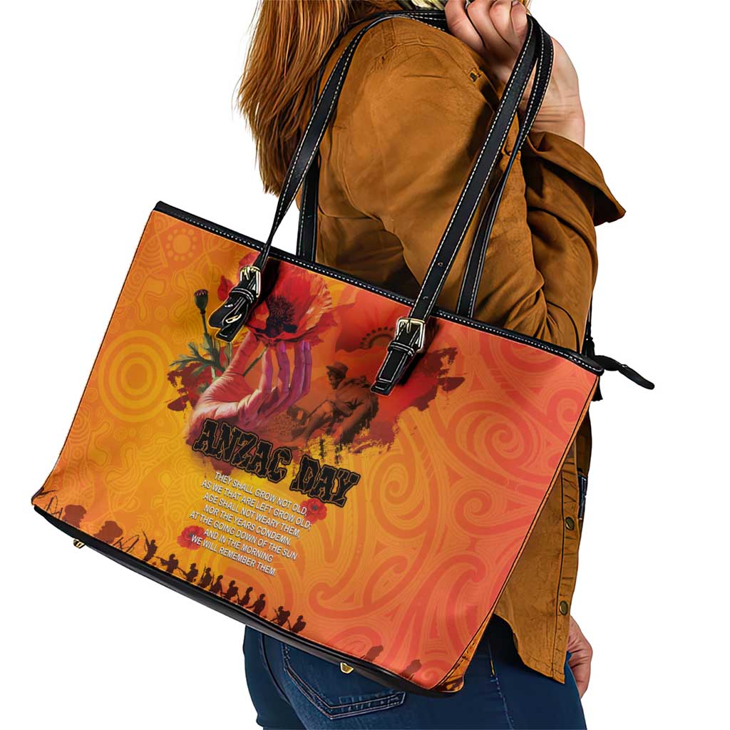 Australia and New Zealand ANZAC Day Leather Tote Bag Soldiers Memories - Red Poppies with Aboriginal and Maori Art