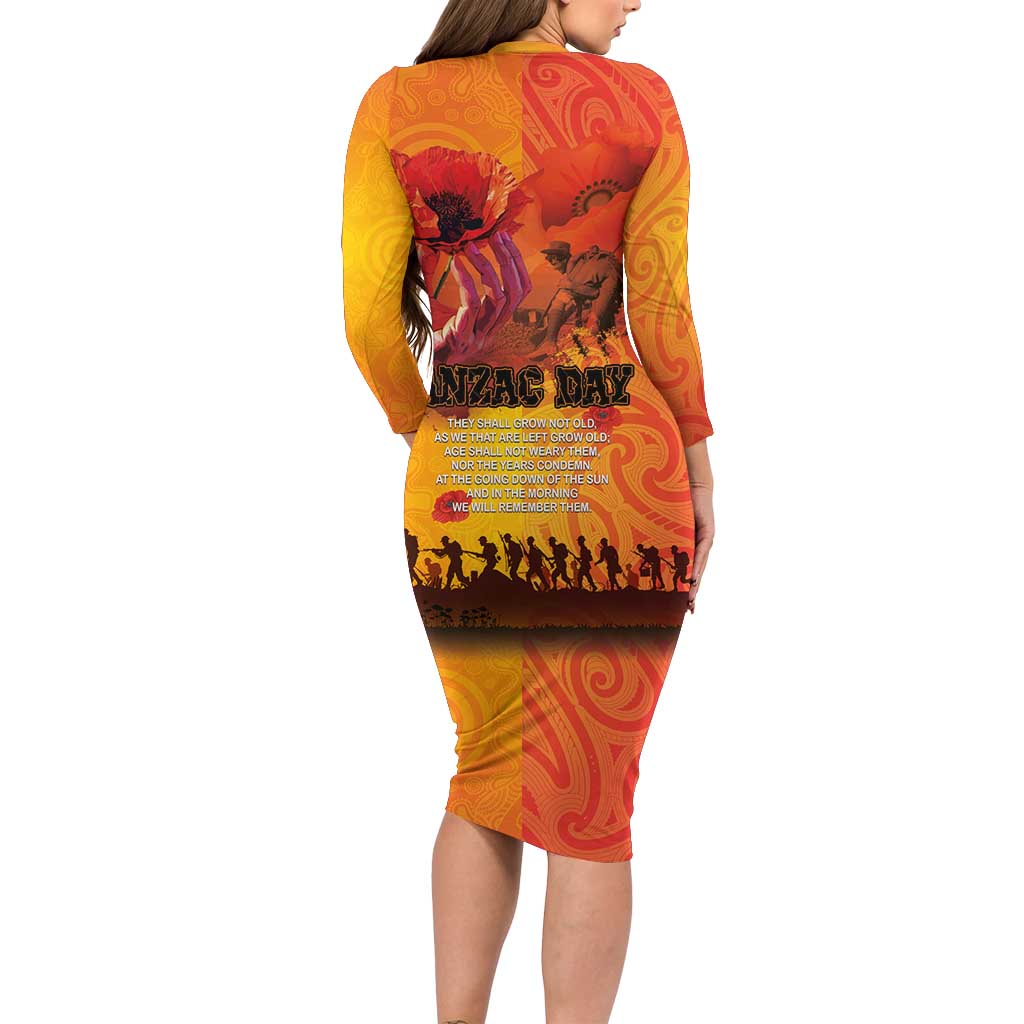 Australia and New Zealand ANZAC Day Long Sleeve Bodycon Dress Soldiers Memories - Red Poppies with Aboriginal and Maori Art LT03 - Polynesian Pride