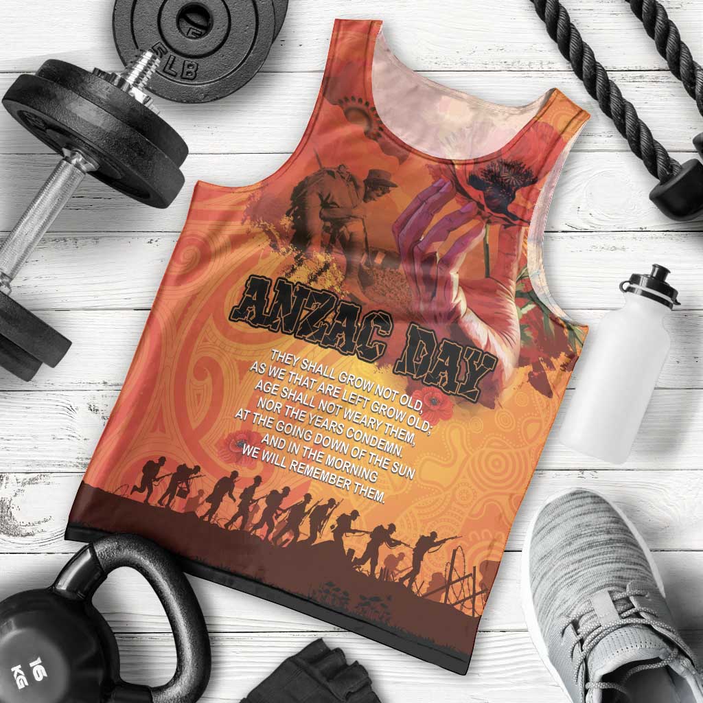 Australia and New Zealand ANZAC Day Men Tank Top Soldiers Memories - Red Poppies with Aboriginal and Maori Art LT03 - Polynesian Pride