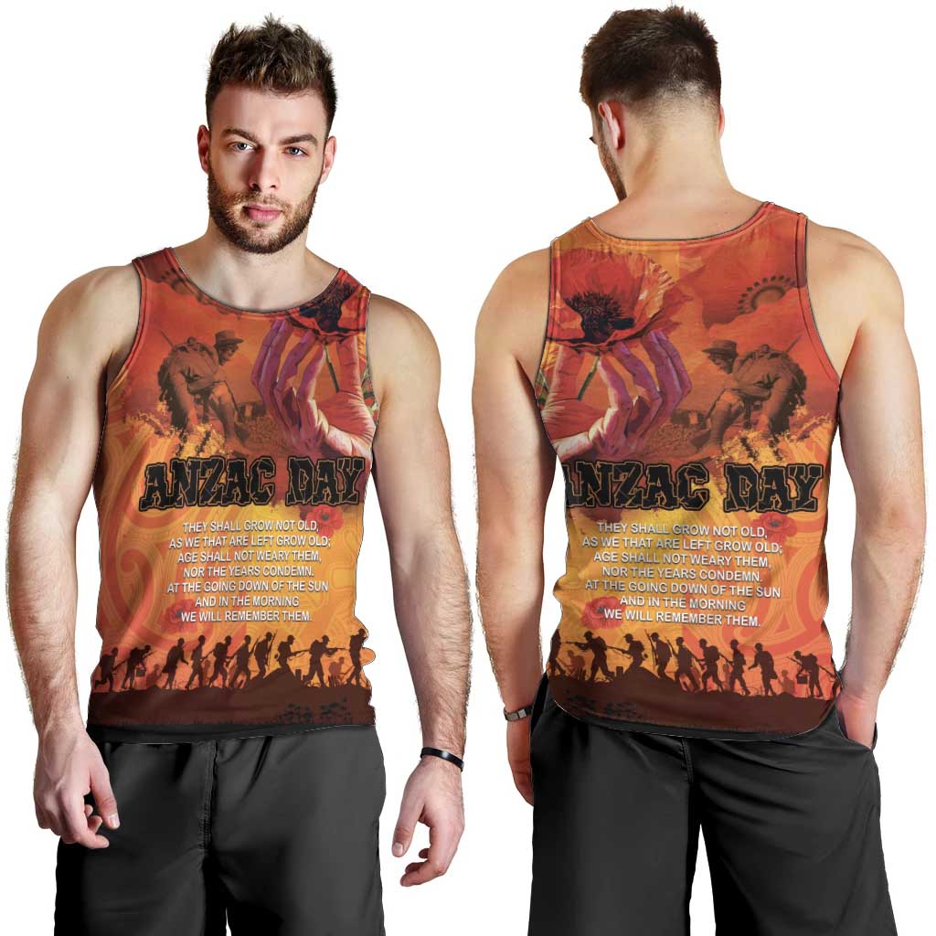 Australia and New Zealand ANZAC Day Men Tank Top Soldiers Memories - Red Poppies with Aboriginal and Maori Art LT03 - Polynesian Pride