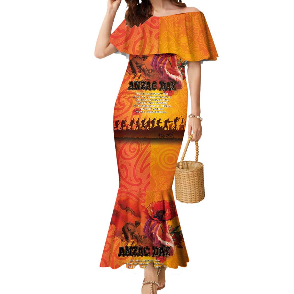 Australia and New Zealand ANZAC Day Mermaid Dress Soldiers Memories - Red Poppies with Aboriginal and Maori Art