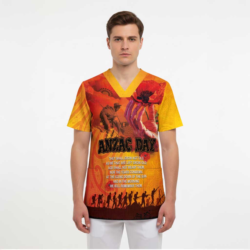 Australia and New Zealand ANZAC Day Scrub Top Soldiers Memories - Red Poppies with Aboriginal and Maori Art - Polynesian Pride