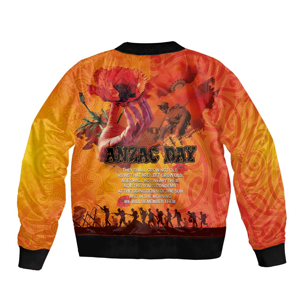 Australia and New Zealand ANZAC Day Sleeve Zip Bomber Jacket Soldiers Memories - Red Poppies with Aboriginal and Maori Art LT03 - Polynesian Pride