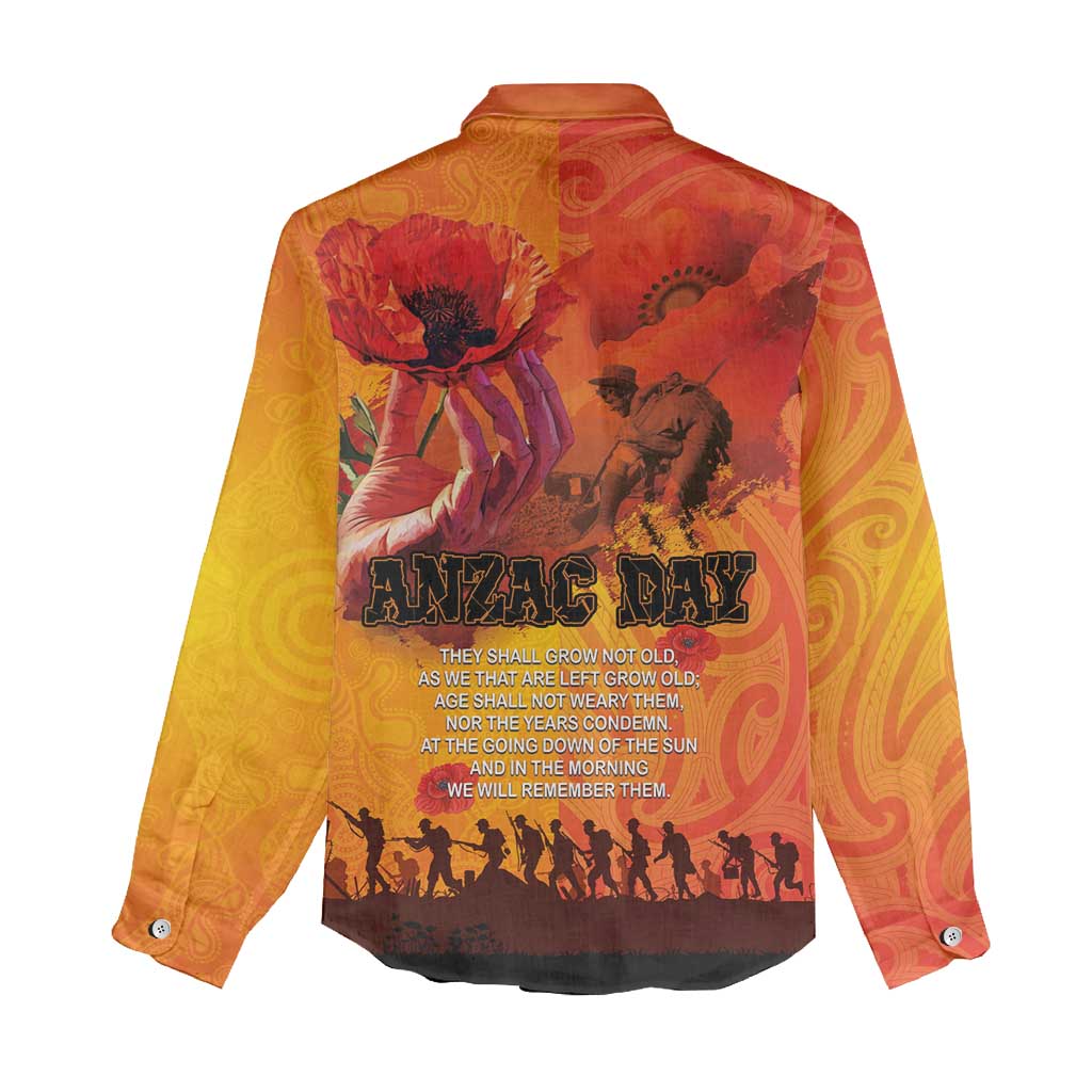 Australia and New Zealand ANZAC Day Women Casual Shirt Soldiers Memories - Red Poppies with Aboriginal and Maori Art