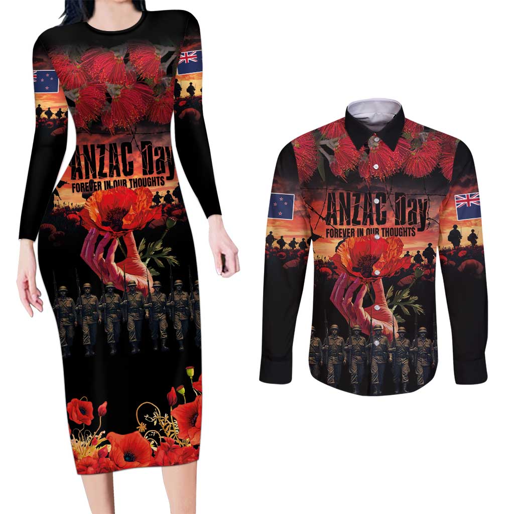 New Zealand ANZAC Day Couples Matching Long Sleeve Bodycon Dress and Long Sleeve Button Shirt Forever in My Thoughts LT03 Black - Polynesian Pride
