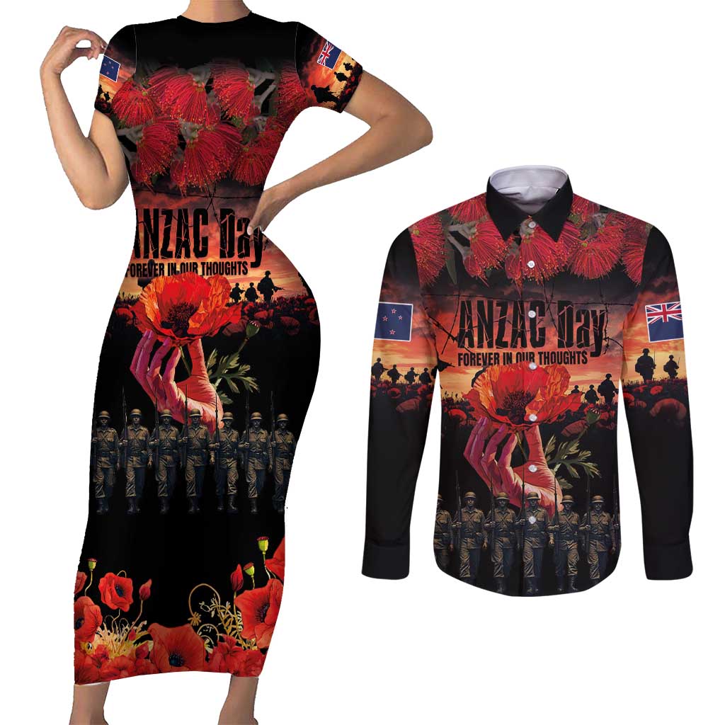 New Zealand ANZAC Day Couples Matching Short Sleeve Bodycon Dress and Long Sleeve Button Shirt Forever in My Thoughts LT03 Black - Polynesian Pride