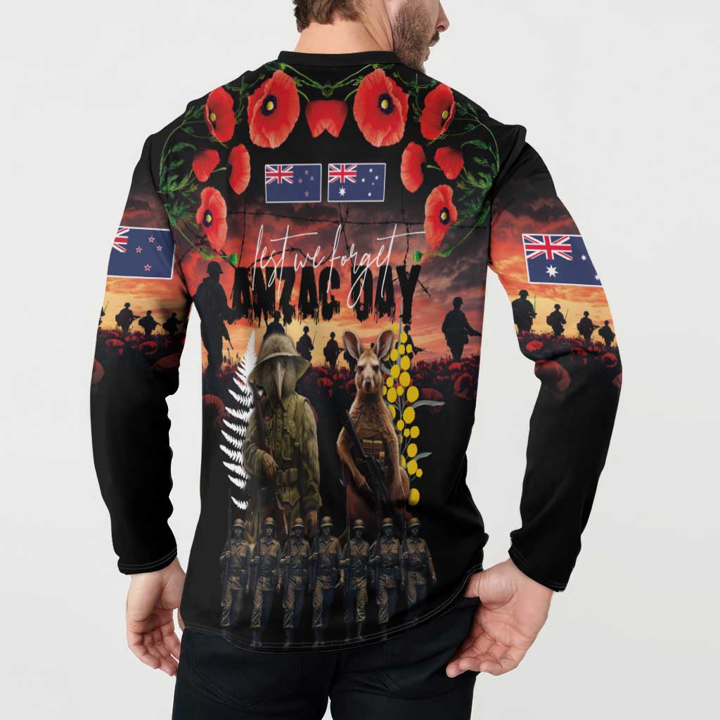 Australia and New Zealand ANZAC Day Button Sweatshirt Kangaroo and Kiwi Bird Soldier - Forever in My Thoughts