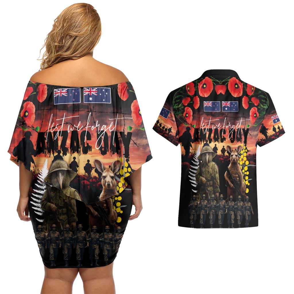 Australia and New Zealand ANZAC Day Couples Matching Off Shoulder Short Dress and Hawaiian Shirt Kangaroo and Kiwi Bird Soldier - Forever in My Thoughts