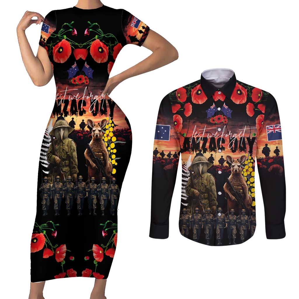 Australia and New Zealand ANZAC Day Couples Matching Short Sleeve Bodycon Dress and Long Sleeve Button Shirt Kangaroo and Kiwi Bird Soldier - Forever in My Thoughts LT03 Black - Polynesian Pride