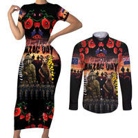 Australia and New Zealand ANZAC Day Couples Matching Short Sleeve Bodycon Dress and Long Sleeve Button Shirt Kangaroo and Kiwi Bird Soldier - Forever in My Thoughts LT03 Black - Polynesian Pride