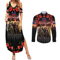 Australia and New Zealand ANZAC Day Couples Matching Summer Maxi Dress and Long Sleeve Button Shirt Kangaroo and Kiwi Bird Soldier - Forever in My Thoughts LT03 Black - Polynesian Pride