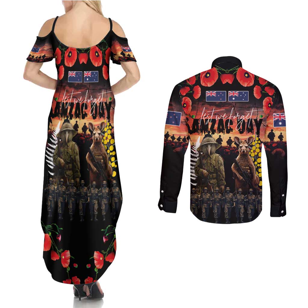 Australia and New Zealand ANZAC Day Couples Matching Summer Maxi Dress and Long Sleeve Button Shirt Kangaroo and Kiwi Bird Soldier - Forever in My Thoughts LT03 - Polynesian Pride