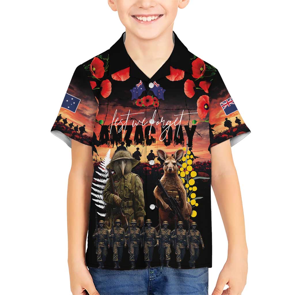 Australia and New Zealand ANZAC Day Family Matching Short Sleeve Bodycon Dress and Hawaiian Shirt Kangaroo and Kiwi Bird Soldier - Forever in My Thoughts