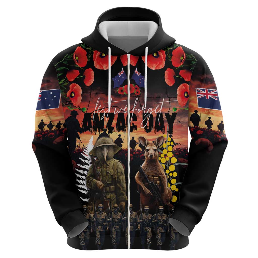 Australia and New Zealand ANZAC Day Hoodie Kangaroo and Kiwi Bird Soldier - Forever in My Thoughts