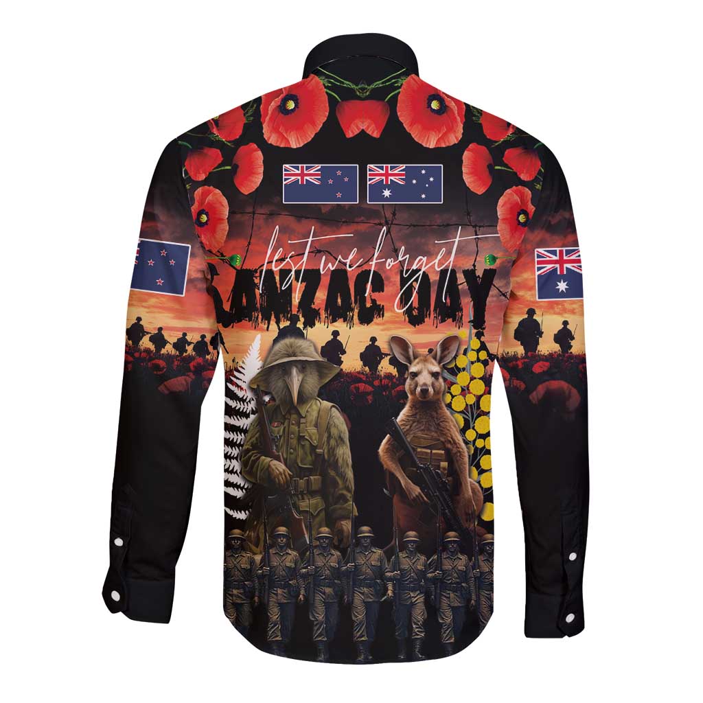 Australia and New Zealand ANZAC Day Long Sleeve Button Shirt Kangaroo and Kiwi Bird Soldier - Forever in My Thoughts LT03 - Polynesian Pride