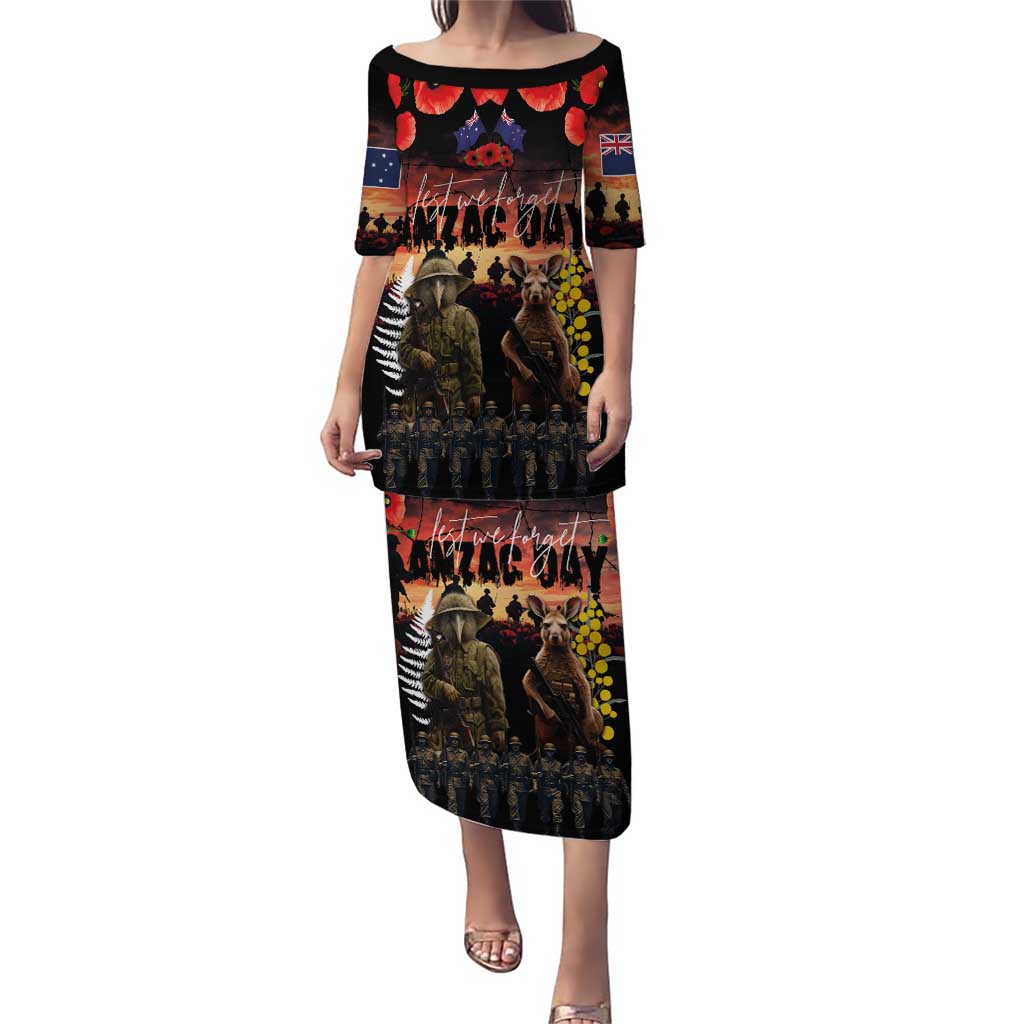 Australia and New Zealand ANZAC Day Puletasi Kangaroo and Kiwi Bird Soldier - Forever in My Thoughts LT03 Long Dress Black - Polynesian Pride