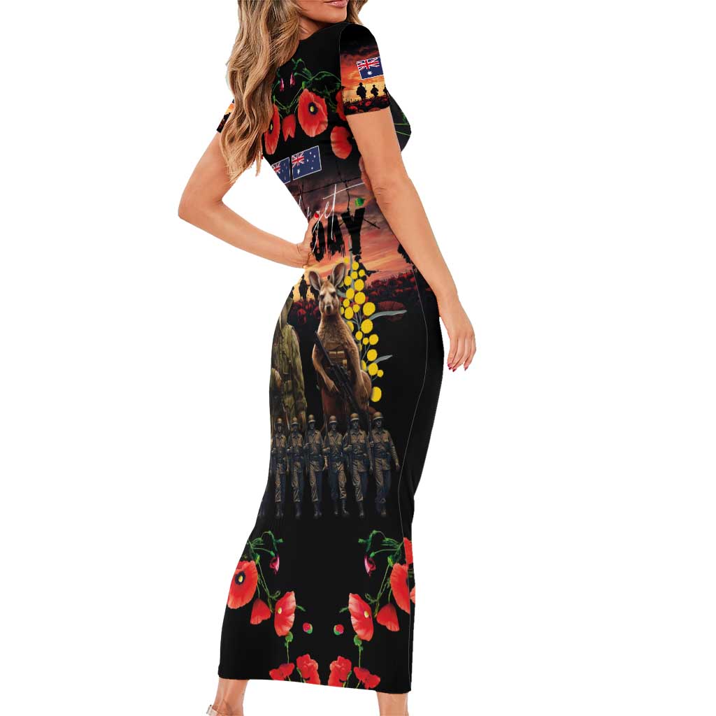 Australia and New Zealand ANZAC Day Short Sleeve Bodycon Dress Kangaroo and Kiwi Bird Soldier - Forever in My Thoughts LT03 - Polynesian Pride