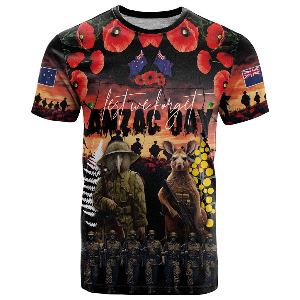 Australia and New Zealand ANZAC Day T Shirt Kangaroo and Kiwi Bird Soldier - Forever in My Thoughts LT03 Black - Polynesian Pride