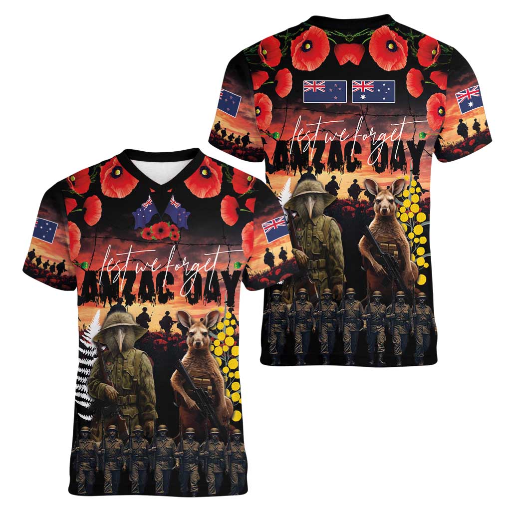Australia and New Zealand ANZAC Day Women V-Neck T-Shirt Kangaroo and Kiwi Bird Soldier - Forever in My Thoughts LT03 - Polynesian Pride