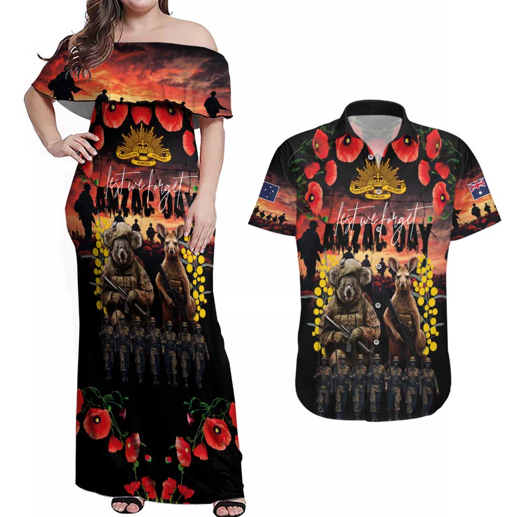 Australia ANZAC Day Couples Matching Off Shoulder Maxi Dress and Hawaiian Shirt Kangaroo and Koala Soldier - Forever in My Thoughts