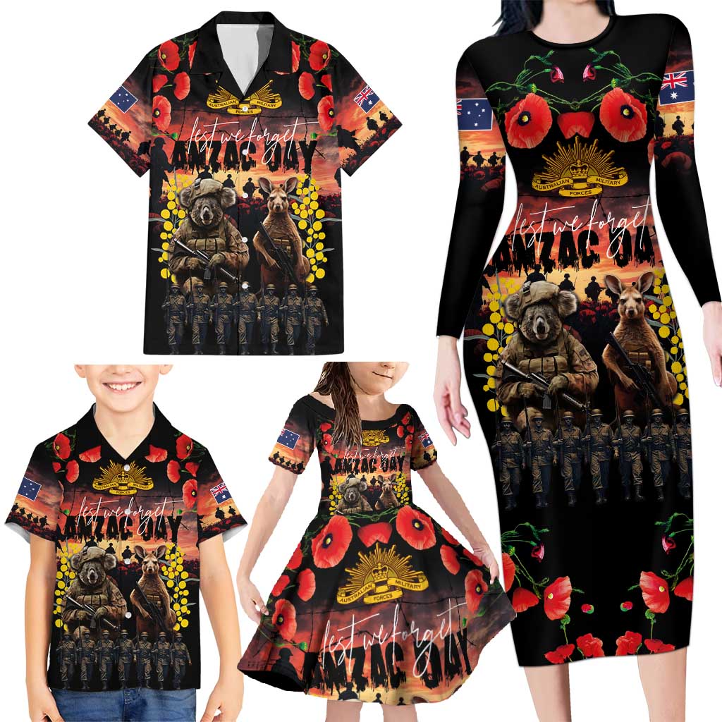 Australia ANZAC Day Family Matching Long Sleeve Bodycon Dress and Hawaiian Shirt Kangaroo and Koala Soldier - Forever in My Thoughts LT03 - Polynesian Pride