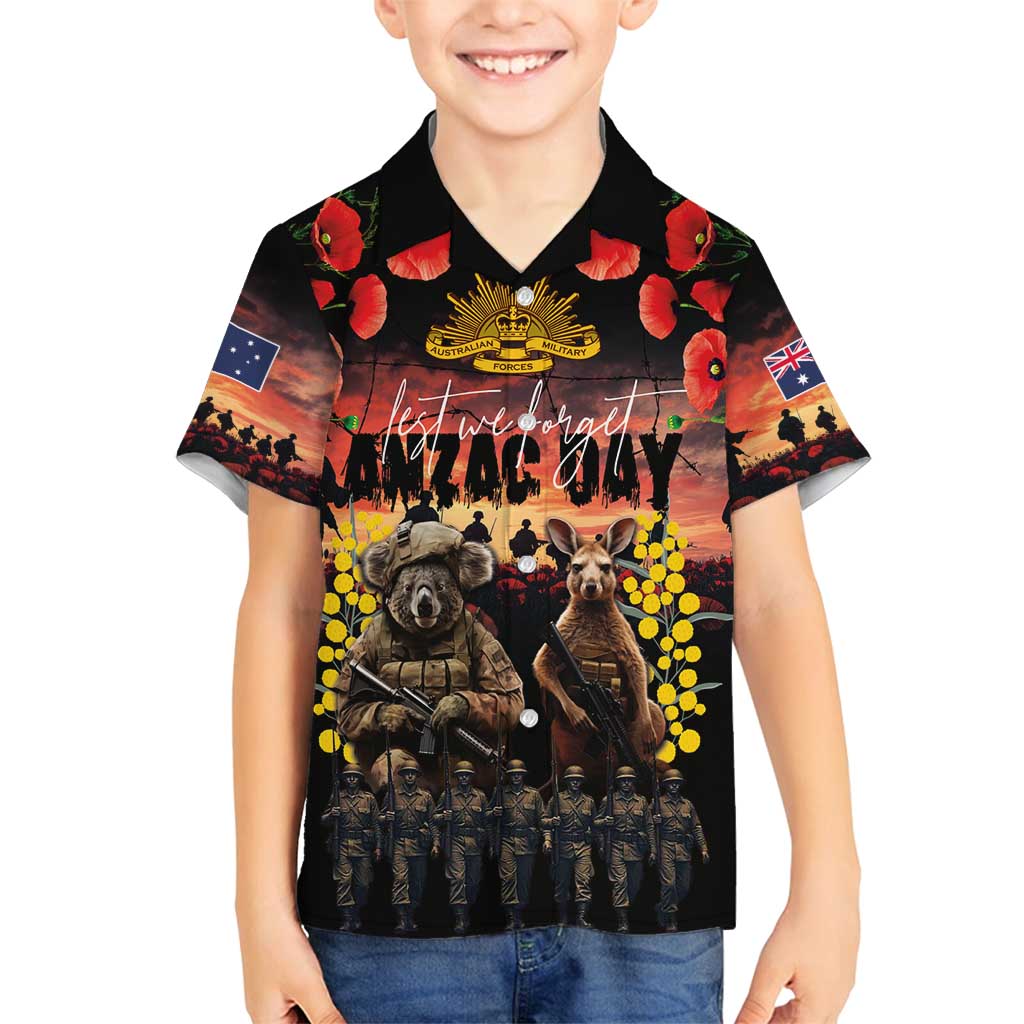 Australia ANZAC Day Family Matching Long Sleeve Bodycon Dress and Hawaiian Shirt Kangaroo and Koala Soldier - Forever in My Thoughts LT03 Son's Shirt Black - Polynesian Pride