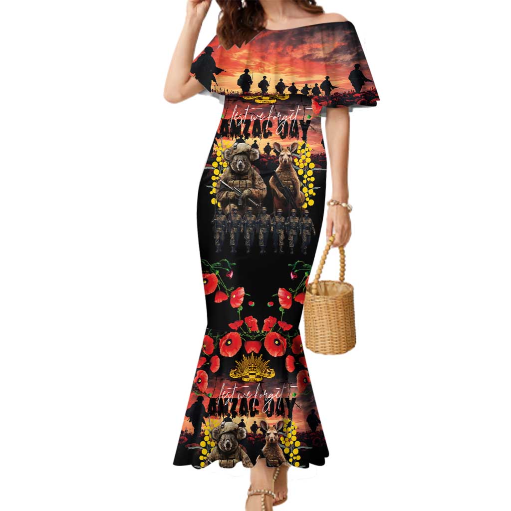 Australia ANZAC Day Family Matching Mermaid Dress and Hawaiian Shirt Kangaroo and Koala Soldier - Forever in My Thoughts LT03 Mom's Dress Black - Polynesian Pride