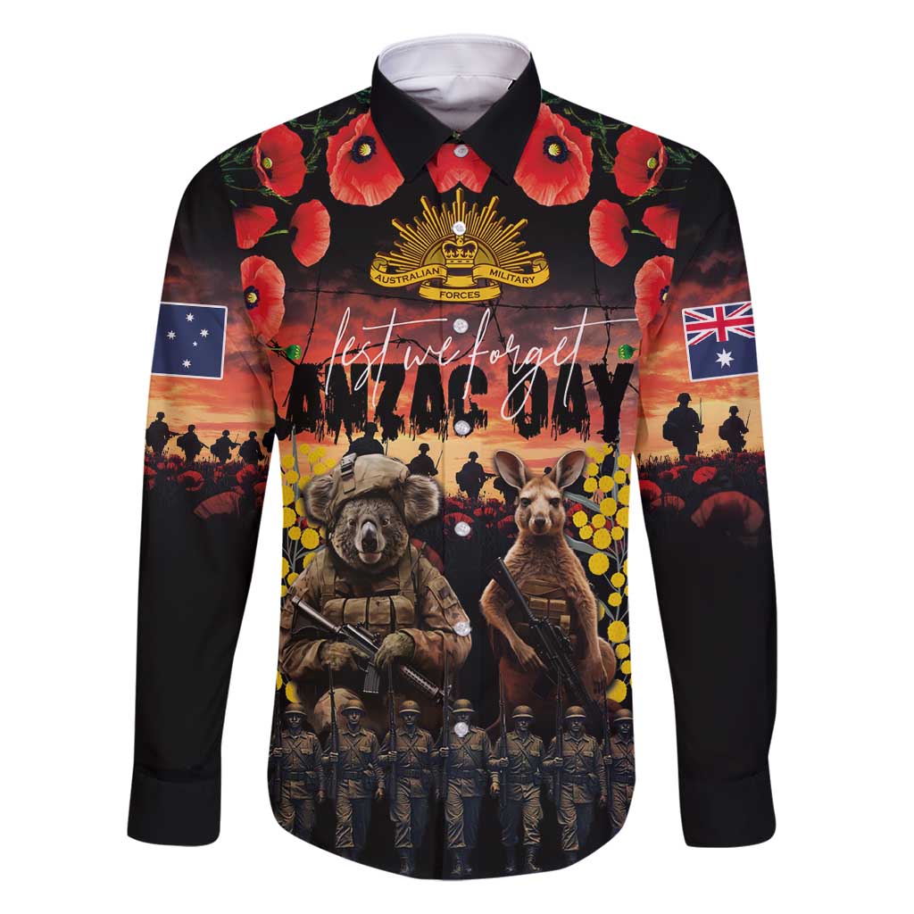 Australia ANZAC Day Family Matching Off Shoulder Short Dress and Hawaiian Shirt Kangaroo and Koala Soldier - Forever in My Thoughts LT03 Dad's Shirt - Long Sleeve Black - Polynesian Pride