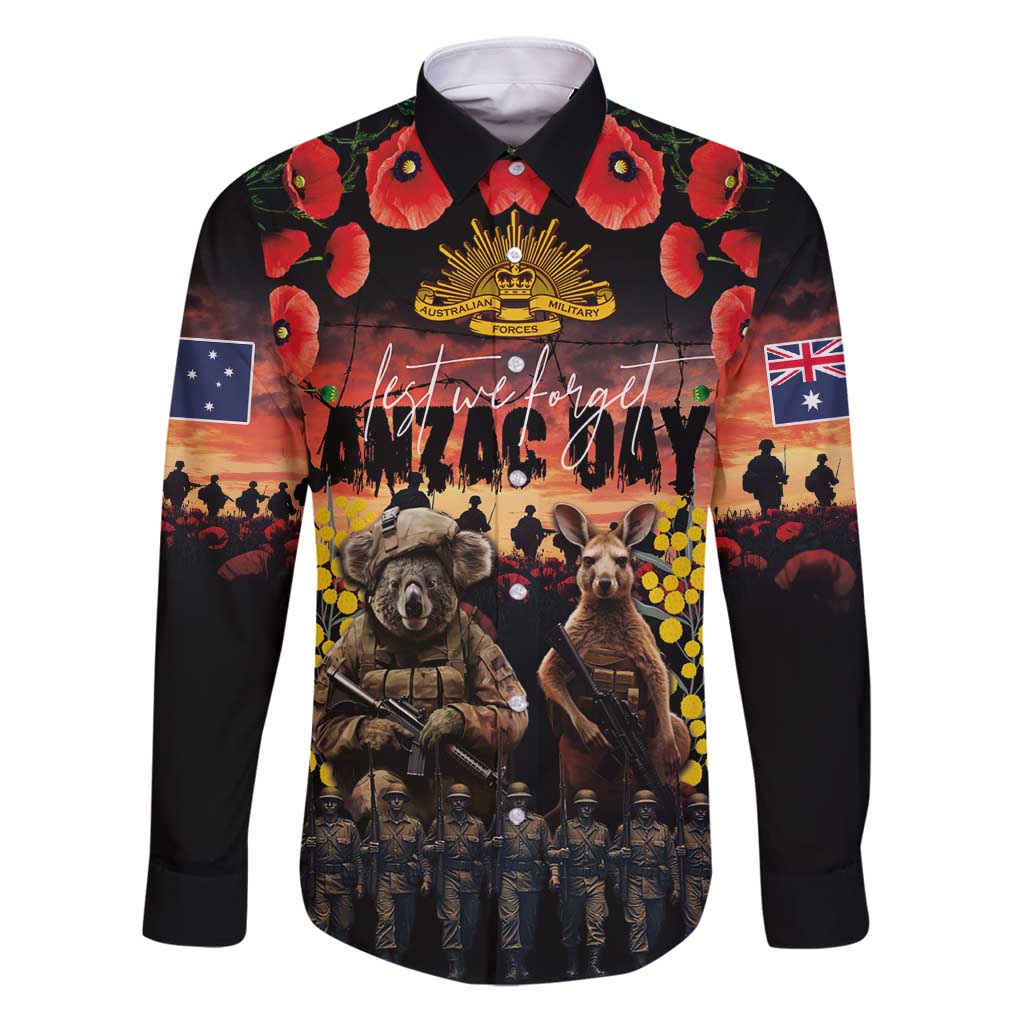 Australia ANZAC Day Family Matching Puletasi and Hawaiian Shirt Kangaroo and Koala Soldier - Forever in My Thoughts LT03 Dad's Shirt - Long Sleeve Black - Polynesian Pride