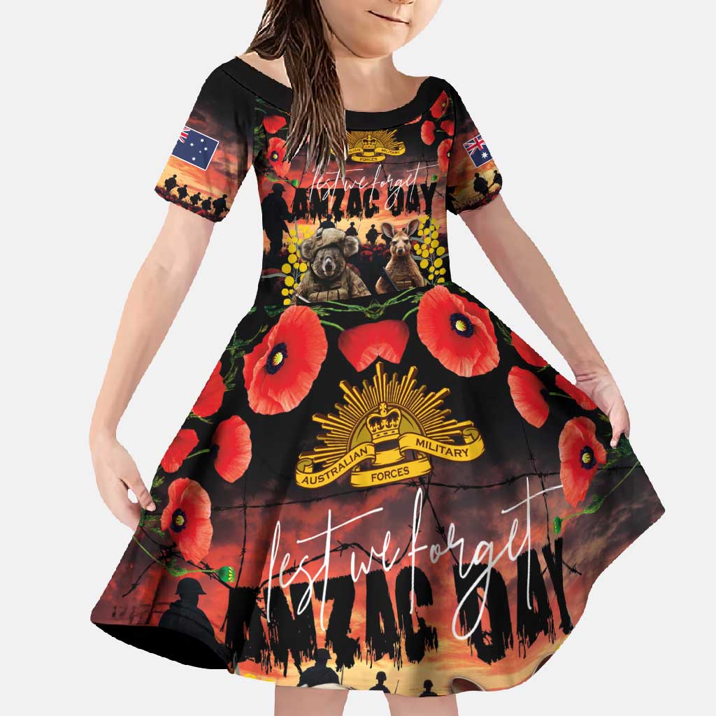 Australia ANZAC Day Family Matching Short Sleeve Bodycon Dress and Hawaiian Shirt Kangaroo and Koala Soldier - Forever in My Thoughts LT03 Daughter's Dress Black - Polynesian Pride