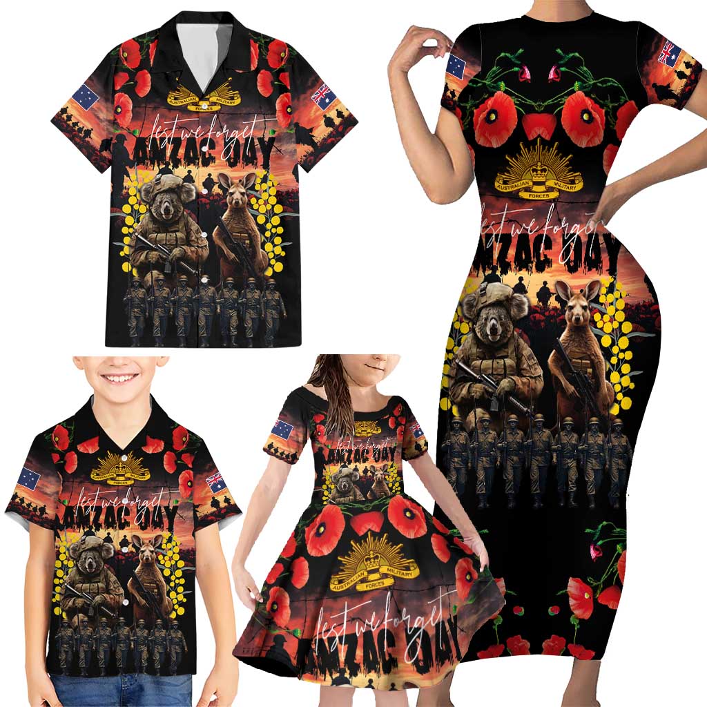 Australia ANZAC Day Family Matching Short Sleeve Bodycon Dress and Hawaiian Shirt Kangaroo and Koala Soldier - Forever in My Thoughts LT03 - Polynesian Pride