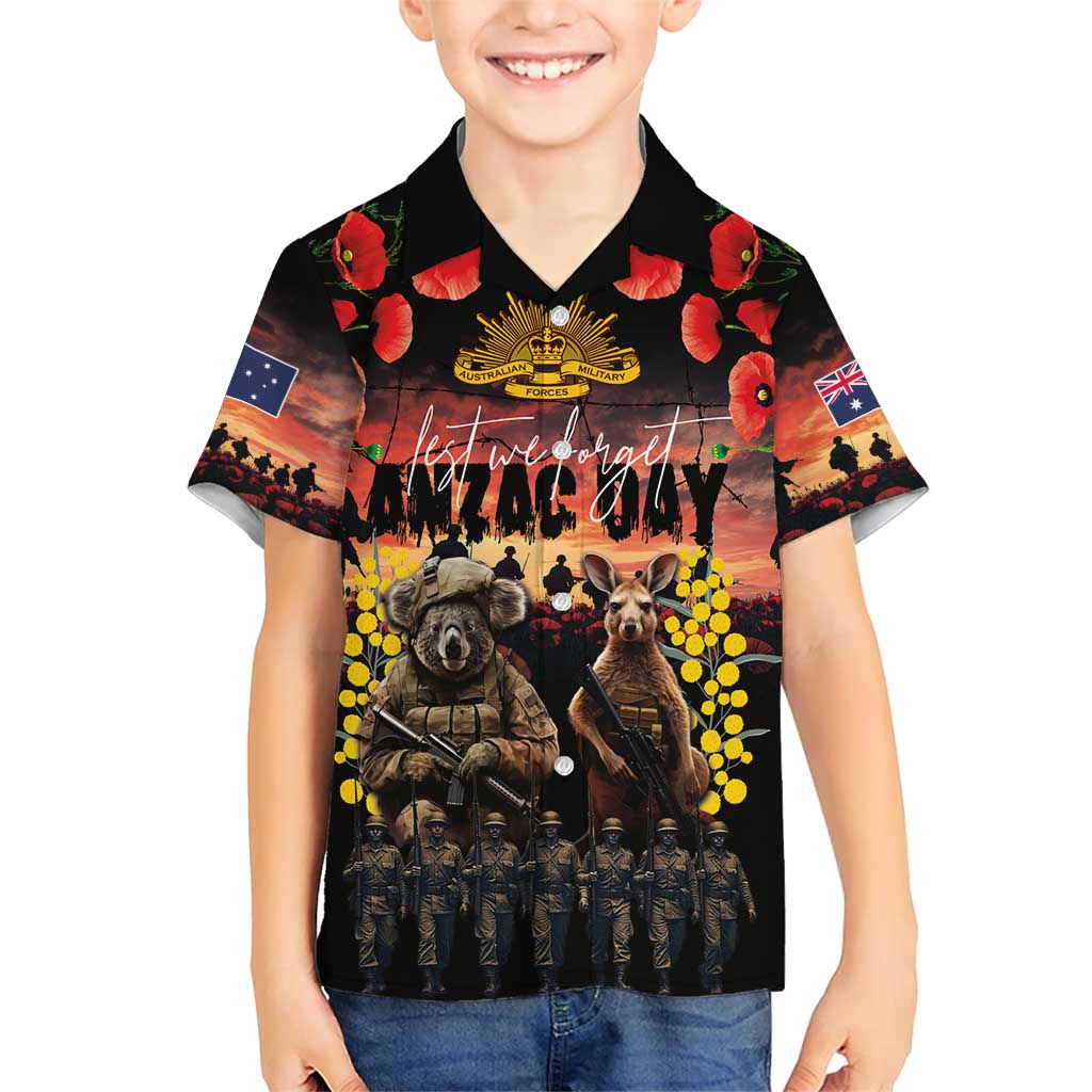 Australia ANZAC Day Family Matching Short Sleeve Bodycon Dress and Hawaiian Shirt Kangaroo and Koala Soldier - Forever in My Thoughts LT03 Son's Shirt Black - Polynesian Pride