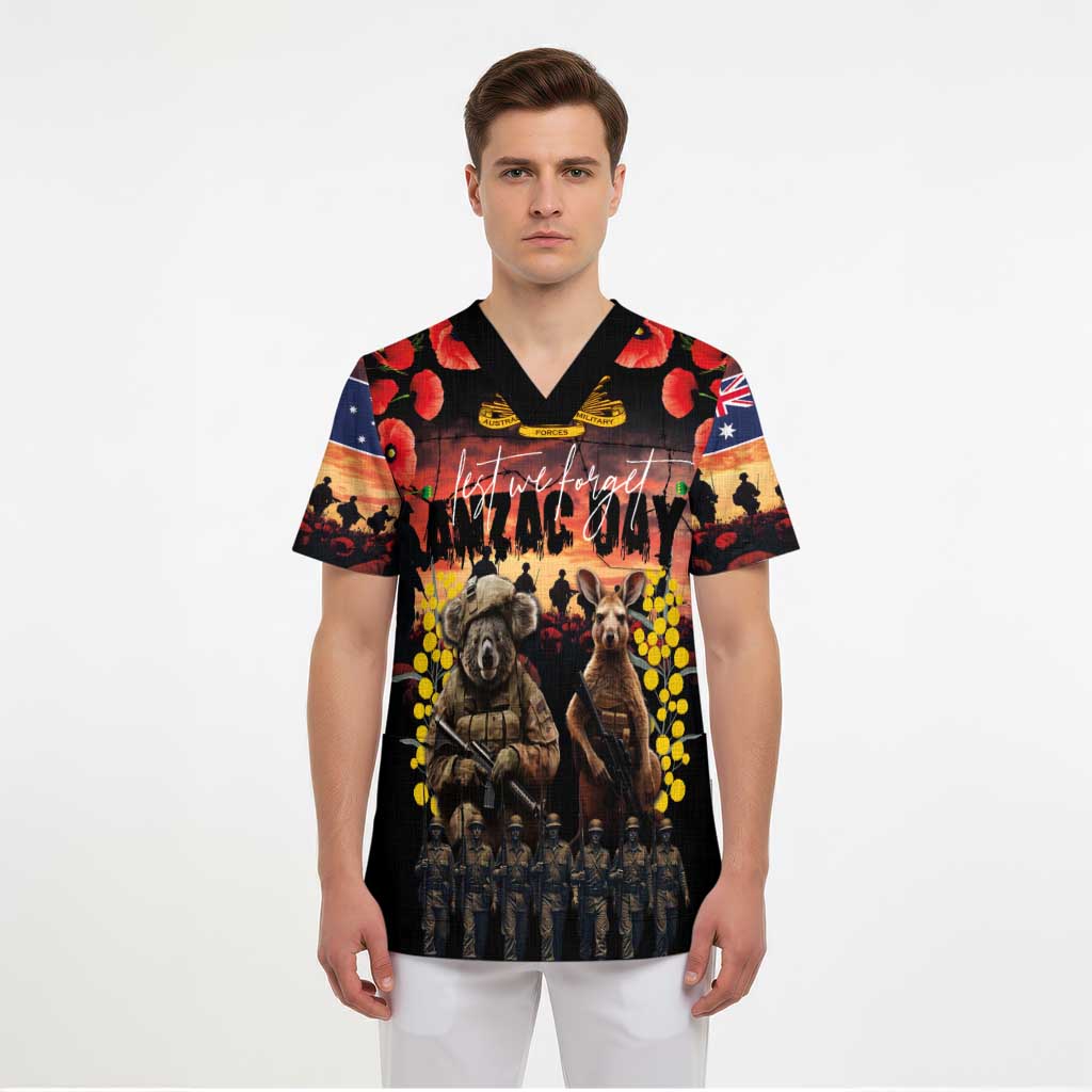 Australia ANZAC Day Scrub Top Kangaroo and Koala Soldier - Forever in My Thoughts - Polynesian Pride