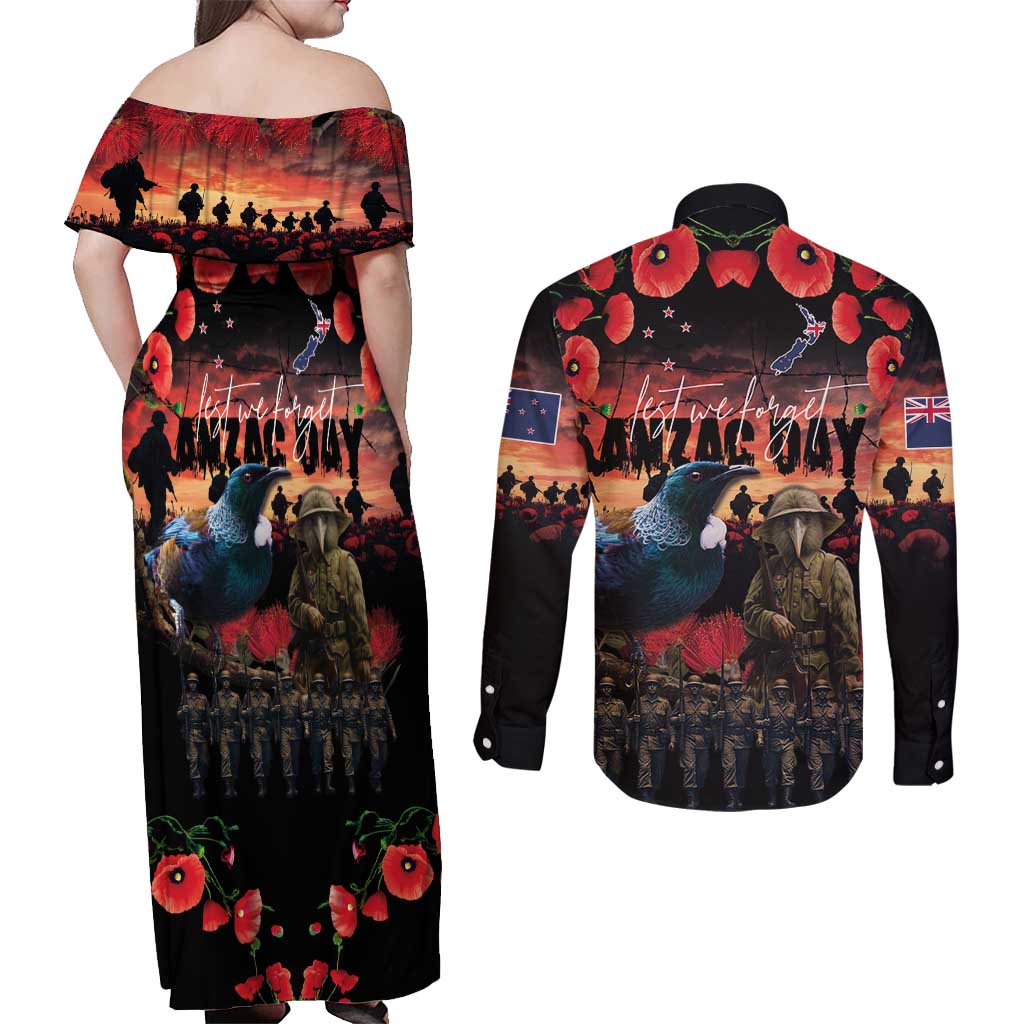 New Zealand ANZAC Day Couples Matching Off Shoulder Maxi Dress and Long Sleeve Button Shirt Tui Bird and Kiwi Bird Soldier - Forever in My Thoughts