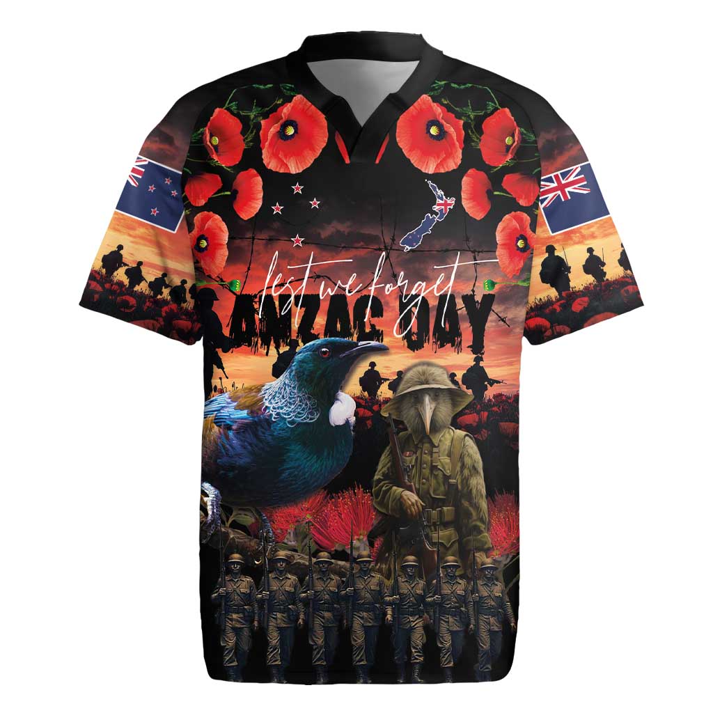 New Zealand ANZAC Day Rugby Jersey Tui Bird and Kiwi Bird Soldier - Forever in My Thoughts