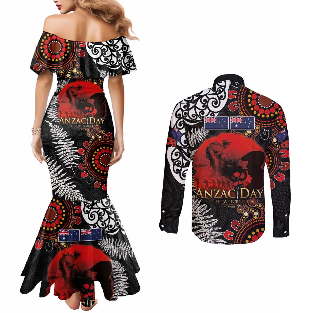 Australia and New Zealand ANZAC Day Couples Matching Mermaid Dress and Long Sleeve Button Shirt Aboriginal and Maori Art Pattern - Gallipoli Lest We Forget LT03 - Polynesian Pride