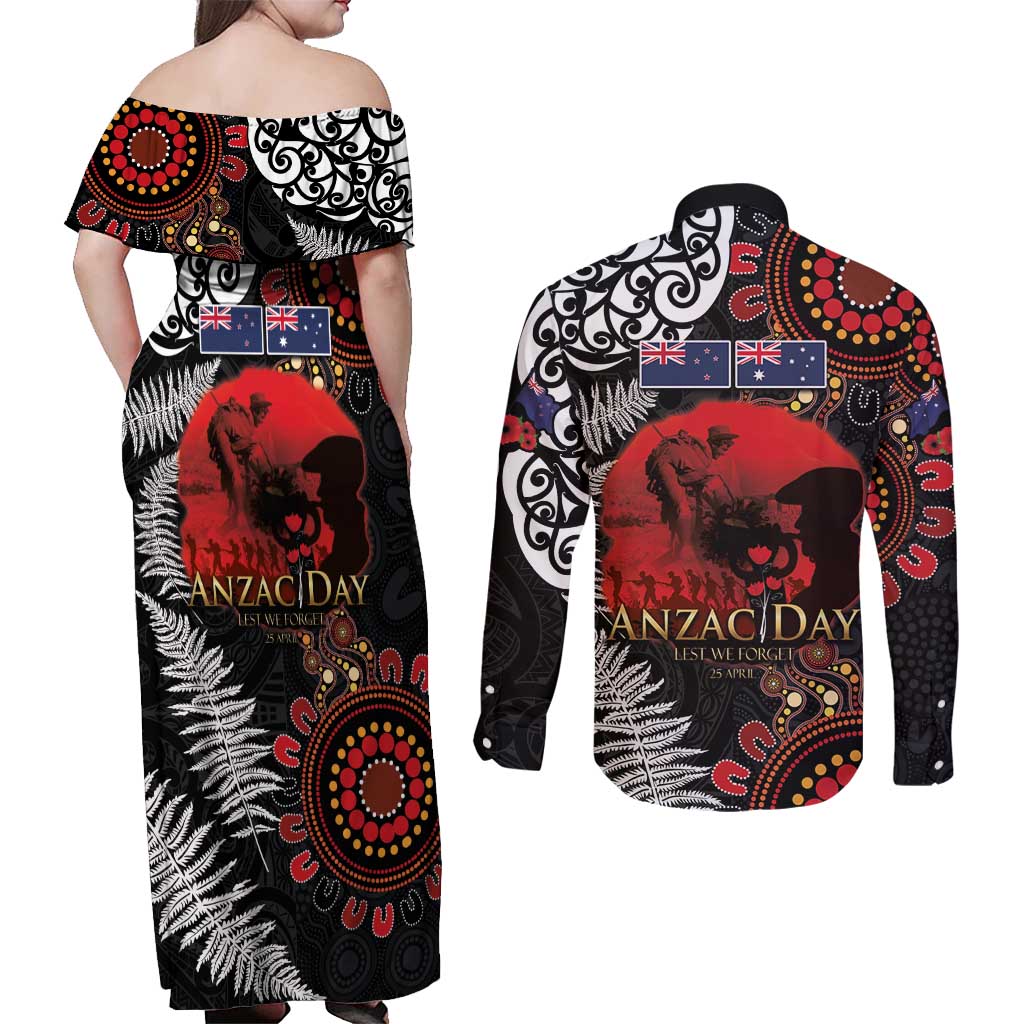Australia and New Zealand ANZAC Day Couples Matching Off Shoulder Maxi Dress and Long Sleeve Button Shirt Aboriginal and Maori Art Pattern - Gallipoli Lest We Forget LT03 - Polynesian Pride
